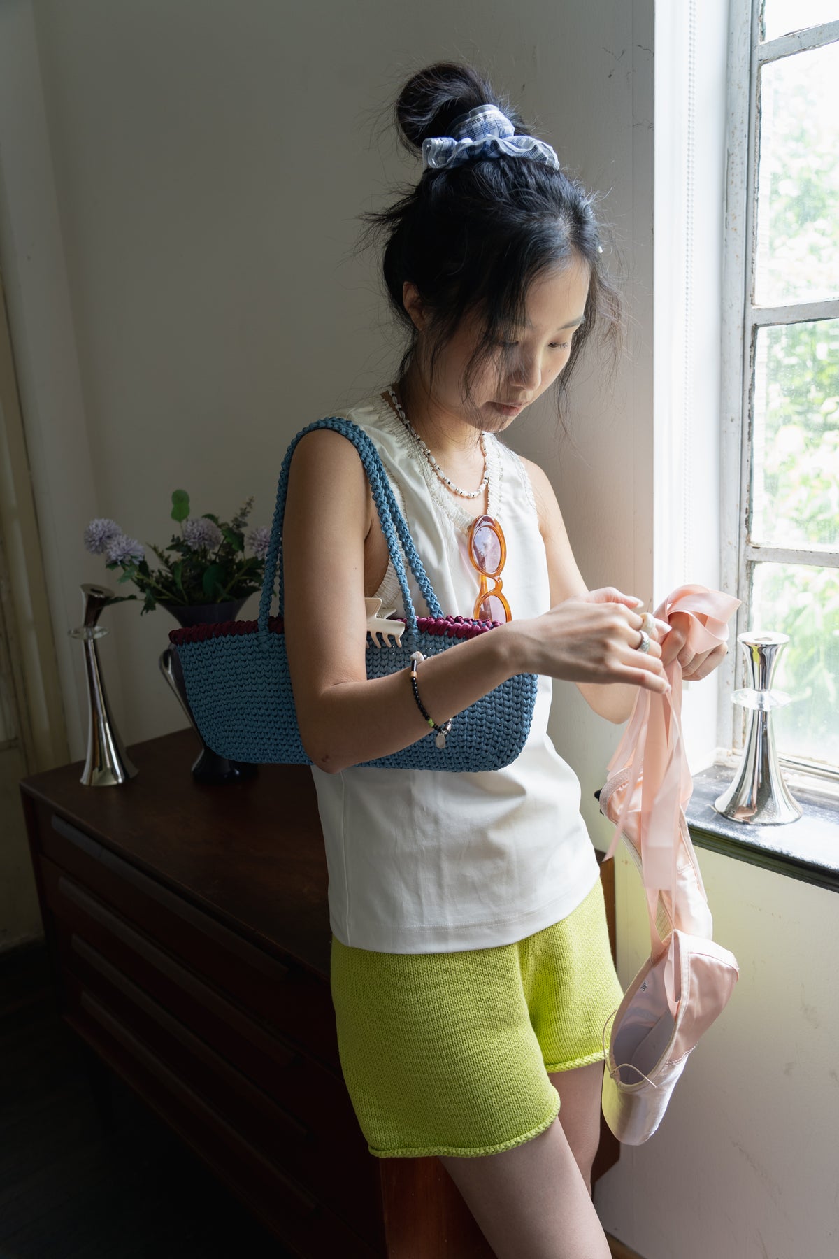 Misty Blue Raffia Baguette Bag