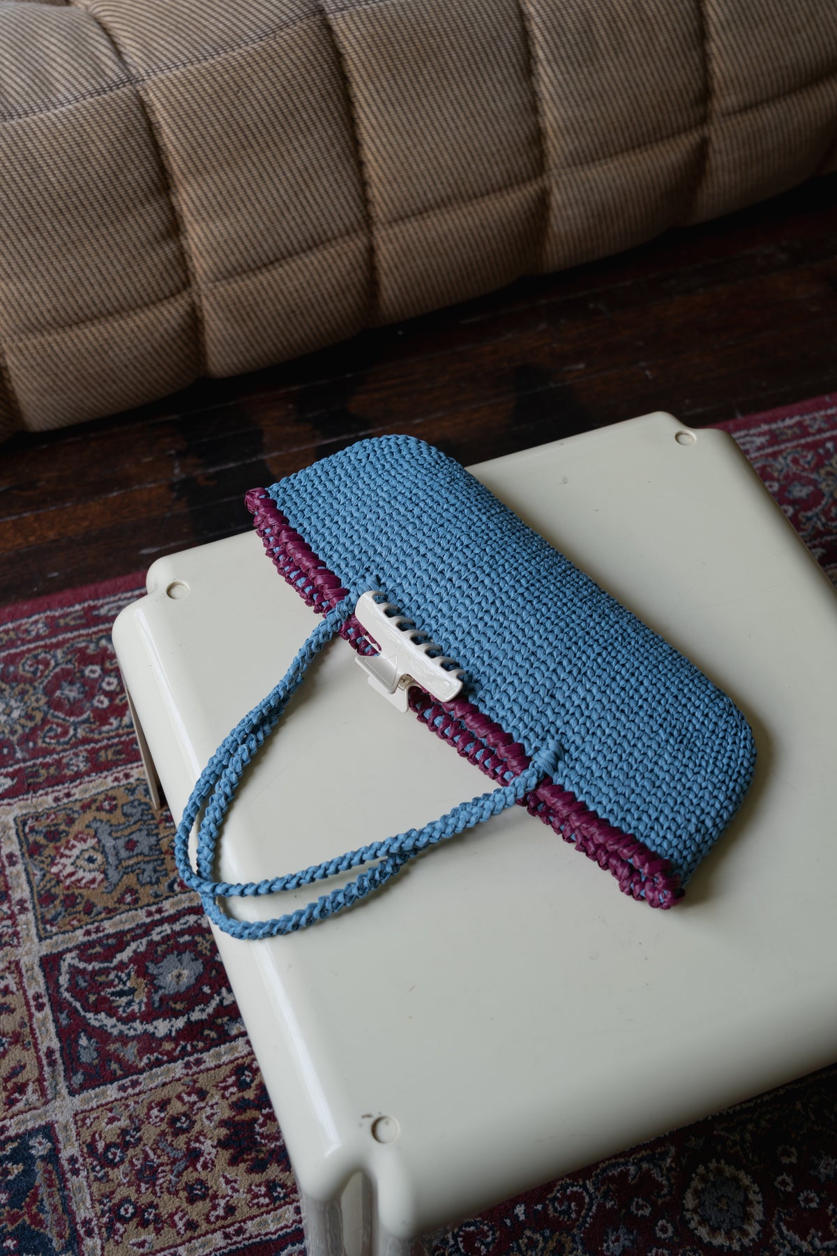 Misty Blue Raffia Baguette Bag