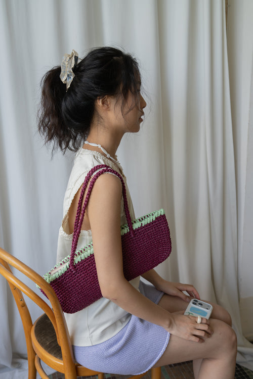 Burgundy Raffia Baguette Bag