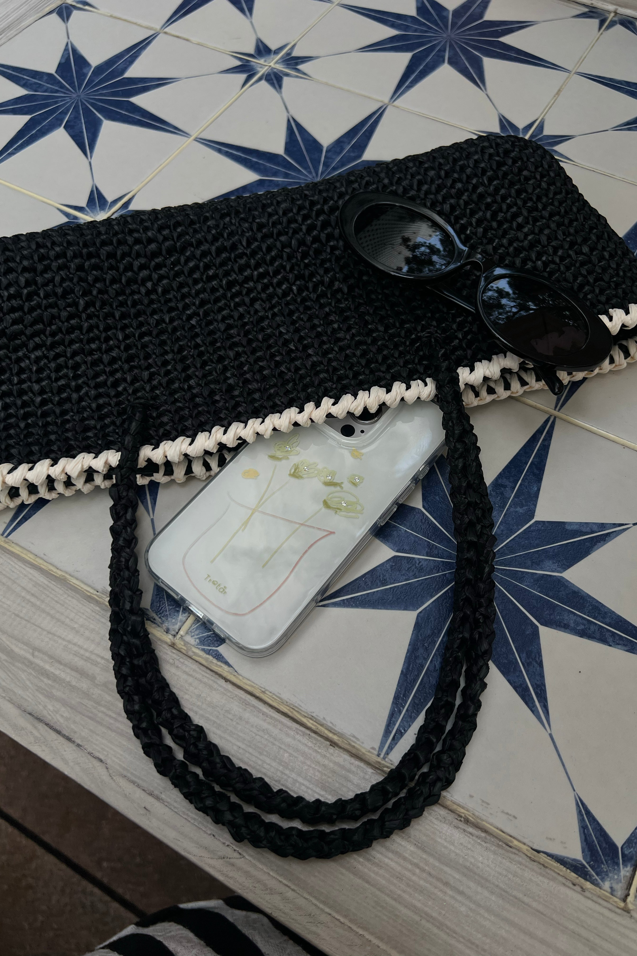 Black Raffia Baguette Bag