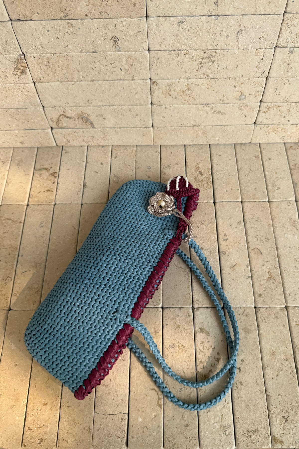 Misty Blue Raffia Baguette Bag