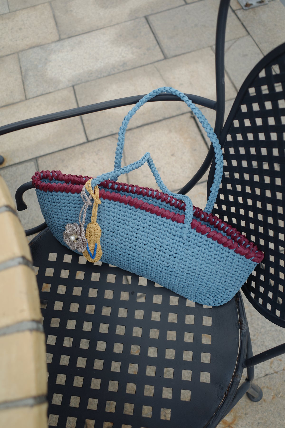 Misty Blue Raffia Baguette Bag