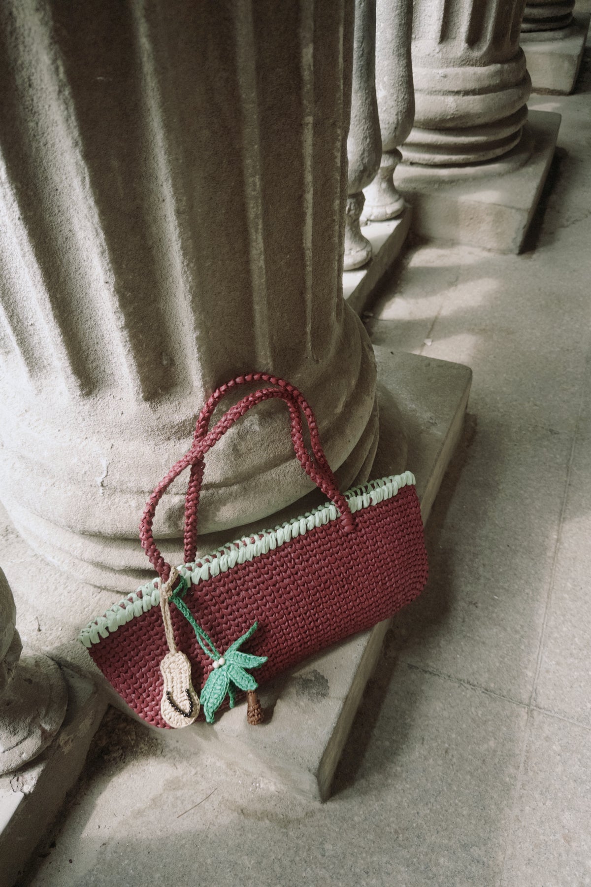 Burgundy Raffia Baguette Bag