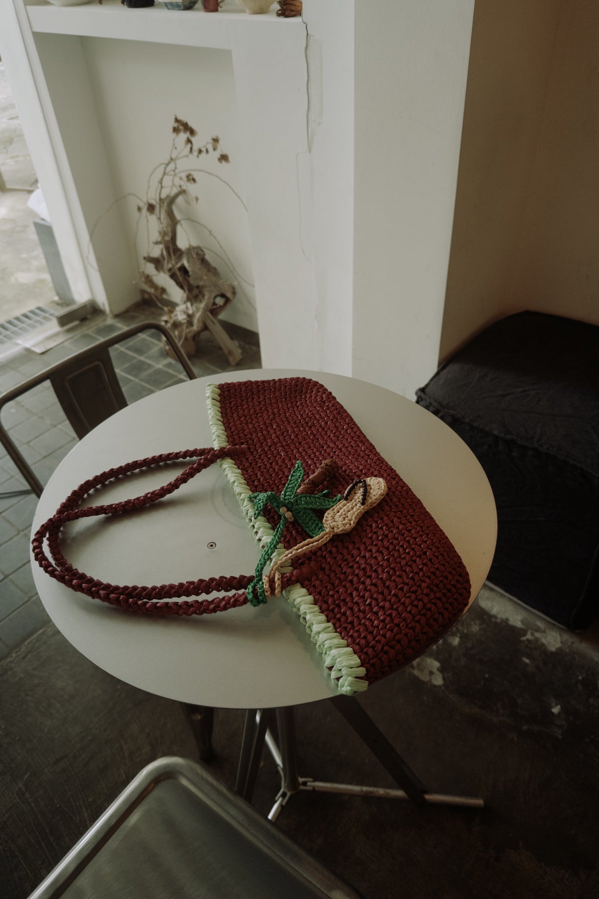 Burgundy Raffia Baguette Bag