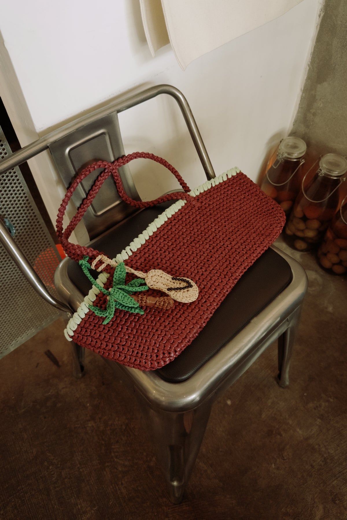 Burgundy Raffia Baguette Bag